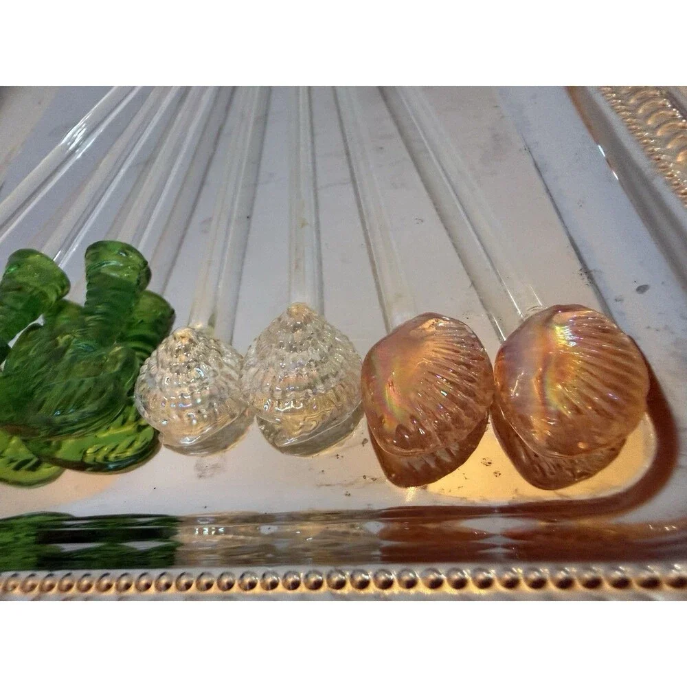 Hand-Blown Glass, Plastic Swizzle Sticks Tropical Tiki Palm Tree Shell Stirrer 7